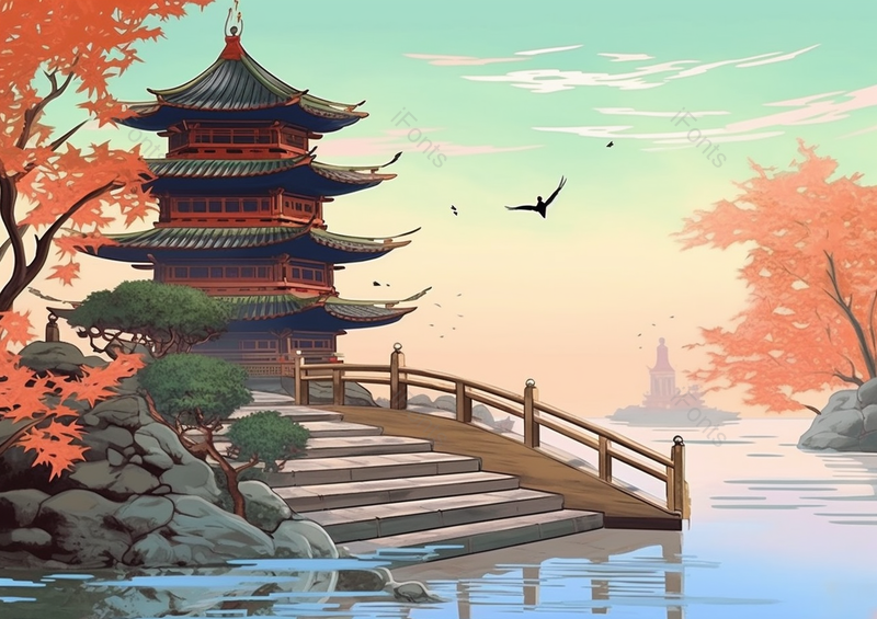 中国国潮国风亭台湖边风景插画背景,插画/手绘图,插画/手绘图库,插画/手绘图下载,插画/手绘